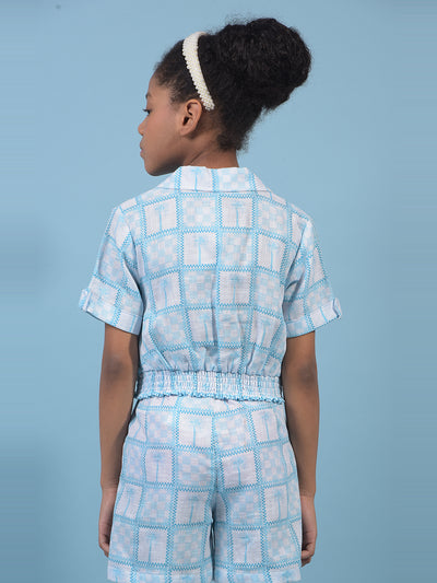 Girl's Blue Resort Collar Cropped Cotton Top-Girls Tops-Crimsoune Club
