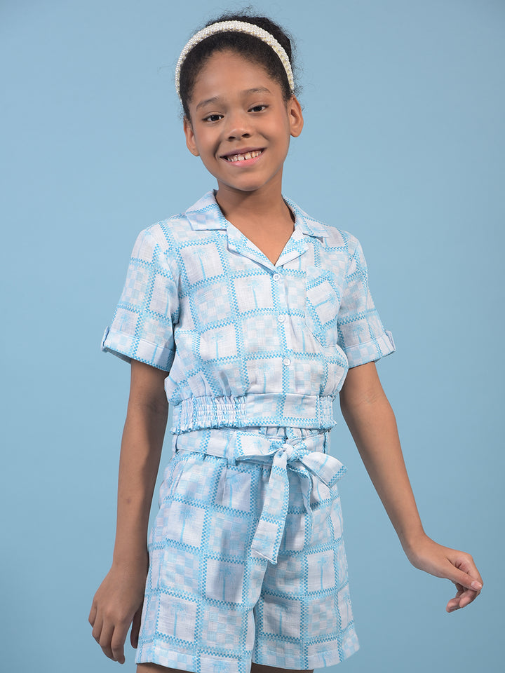 Girl's Blue Resort Collar Cropped Cotton Top-Girls Tops-Crimsoune Club