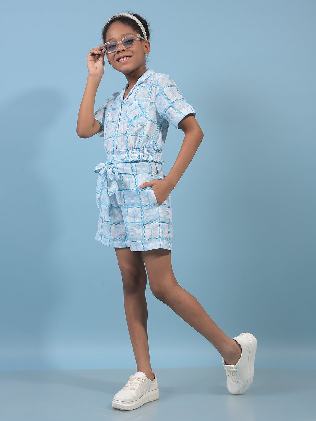 Girl's Blue Resort Collar Cropped Cotton Top-Girls Tops-Crimsoune Club