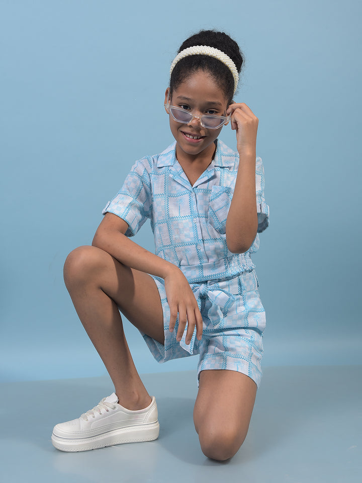 Girl's Blue Resort Collar Cropped Cotton Top-Girls Tops-Crimsoune Club