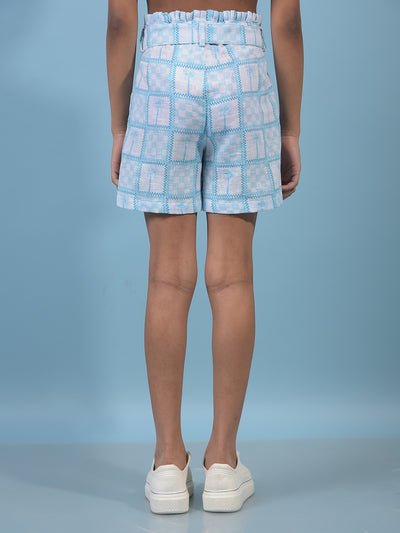Girl's Blue Printed Cotton Shorts with Belt-Girls Shorts-Crimsoune Club