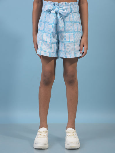 Girl's Blue Printed Cotton Shorts with Belt-Girls Shorts-Crimsoune Club