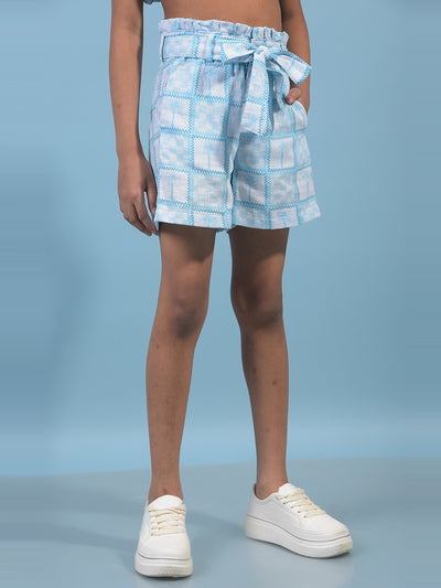 Girl's Blue Printed Cotton Shorts with Belt-Girls Shorts-Crimsoune Club