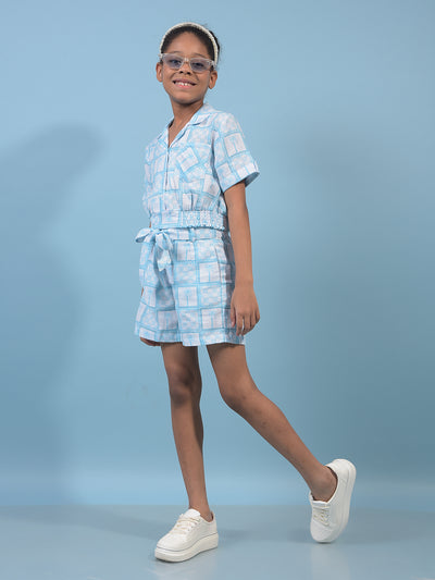 Girl's Blue Printed Cotton Shorts with Belt-Girls Shorts-Crimsoune Club