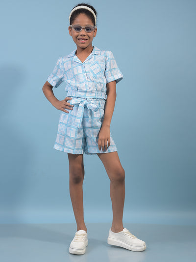 Girl's Blue Printed Cotton Shorts with Belt-Girls Shorts-Crimsoune Club