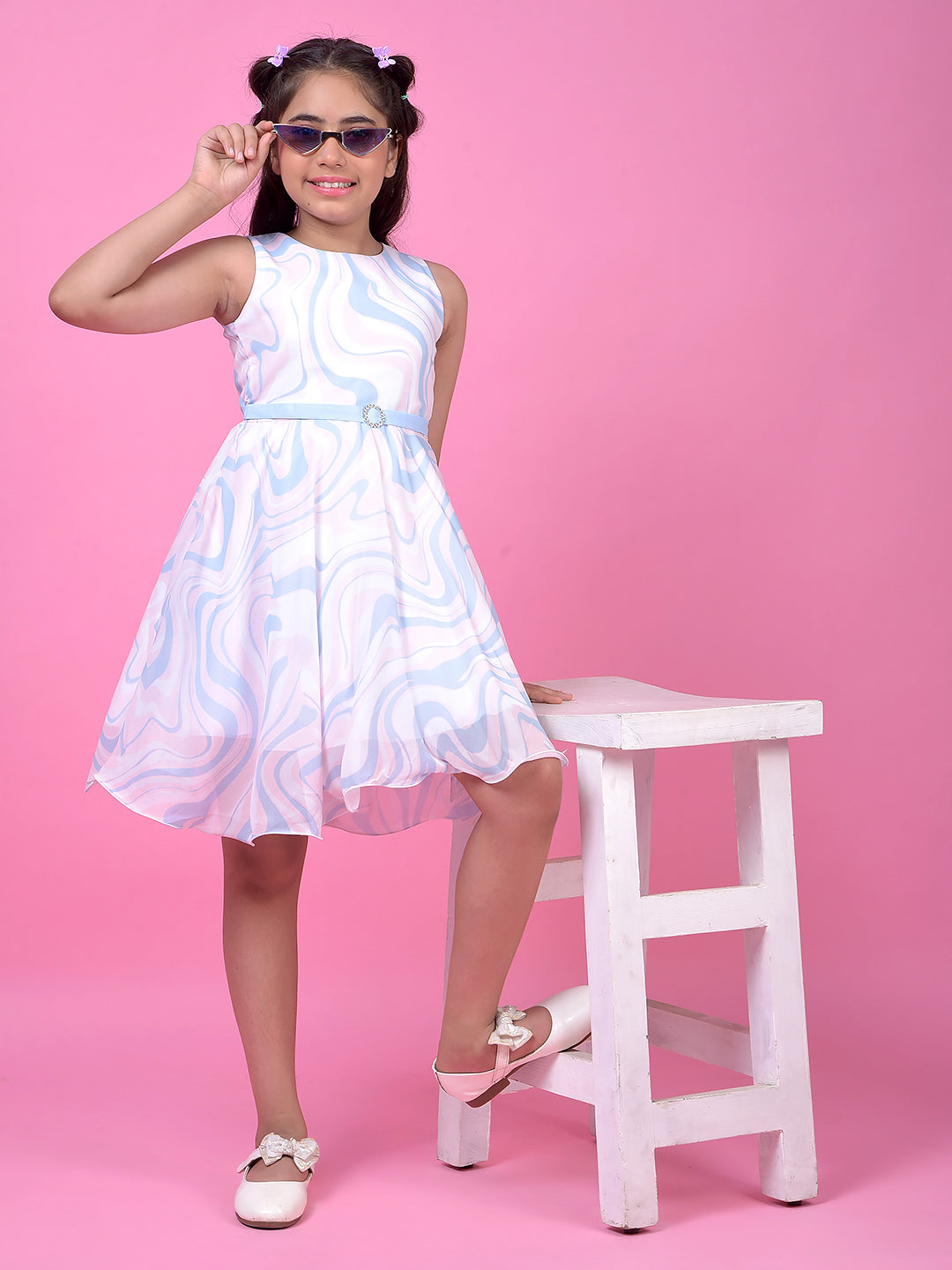 Blue Abstract Print Sleeveless A-Line Dress with Belt-Girls Dress-Crimsoune Club