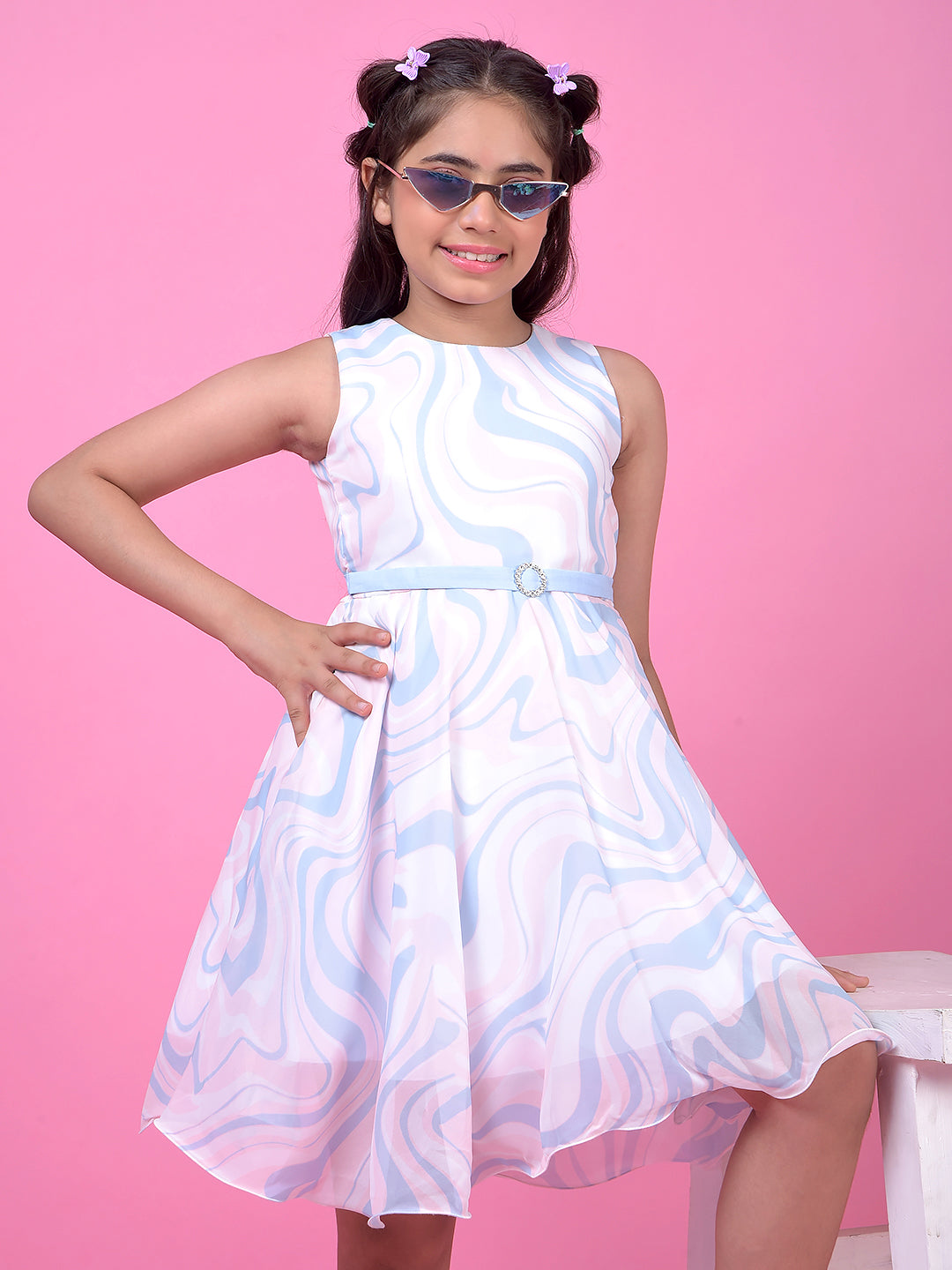 Blue Abstract Print Sleeveless A-Line Dress with Belt-Girls Dress-Crimsoune Club