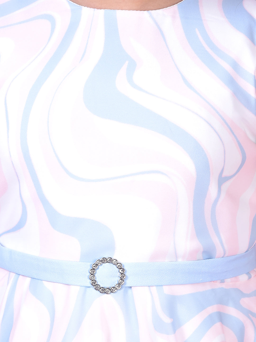 Blue Abstract Print Sleeveless A-Line Dress with Belt-Girls Dress-Crimsoune Club
