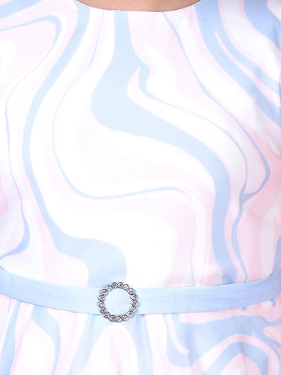Blue Abstract Print Sleeveless A-Line Dress with Belt-Girls Dress-Crimsoune Club