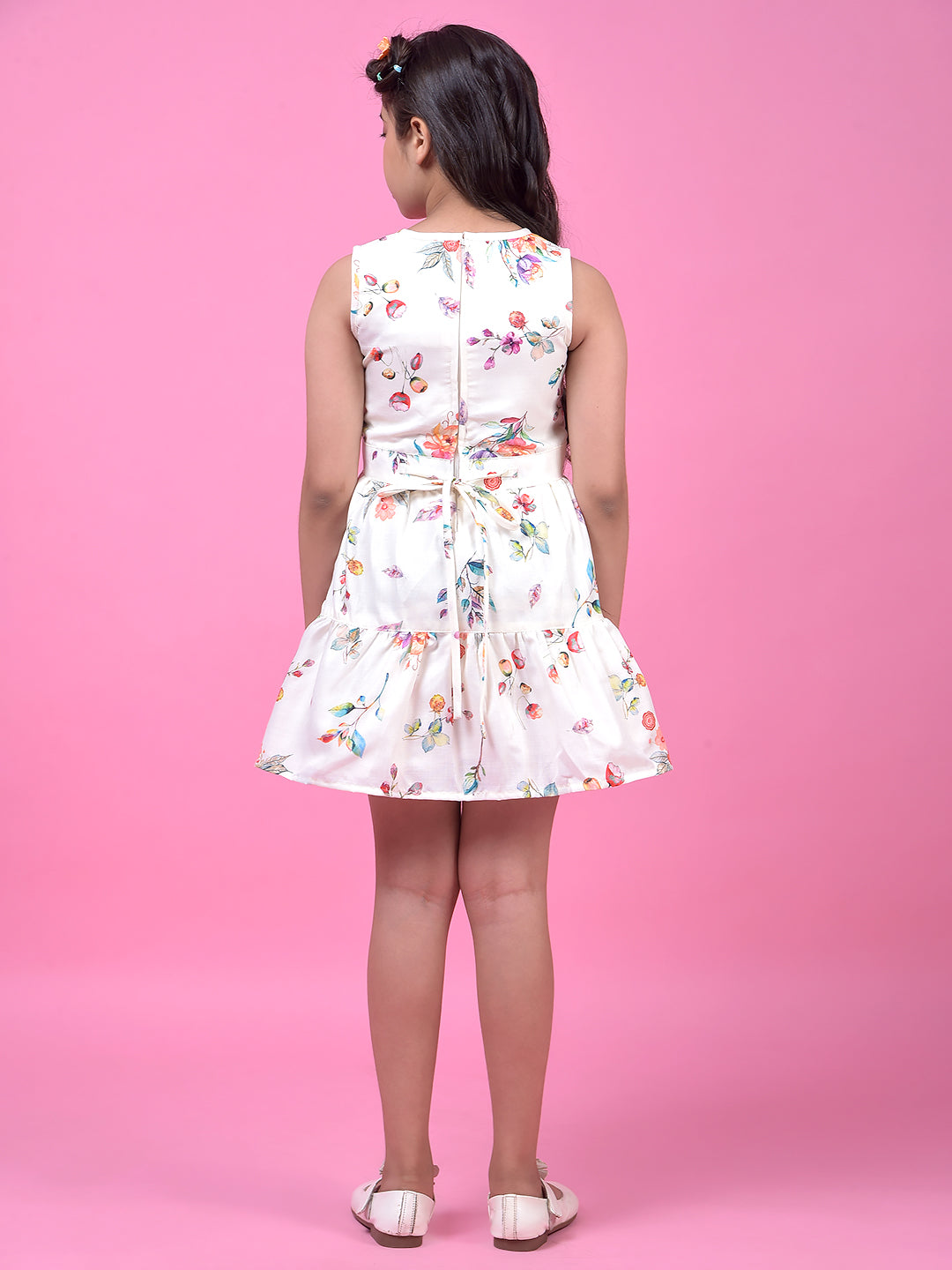 Off White Floral Print Sleeveless A-Line Dress with Belt-Girls Dress-Crimsoune Club