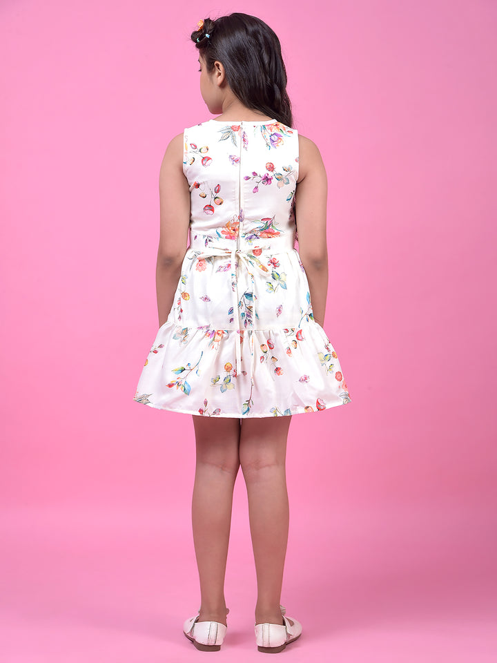 Off White Floral Print Sleeveless A-Line Dress with Belt-Girls Dress-Crimsoune Club
