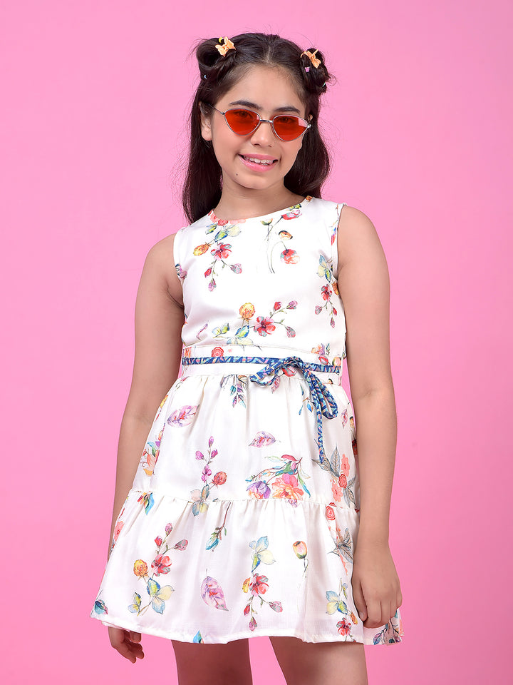 Off White Floral Print Sleeveless A-Line Dress with Belt-Girls Dress-Crimsoune Club