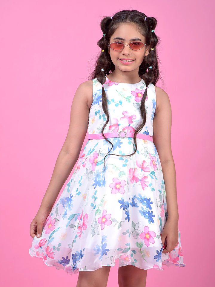 Multi-Color Floral Print Sleeveless A-Line Dress with Belt-Girls Dress-Crimsoune Club