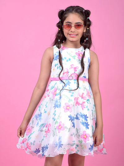 Multi-Color Floral Print Sleeveless A-Line Dress with Belt-Girls Dress-Crimsoune Club