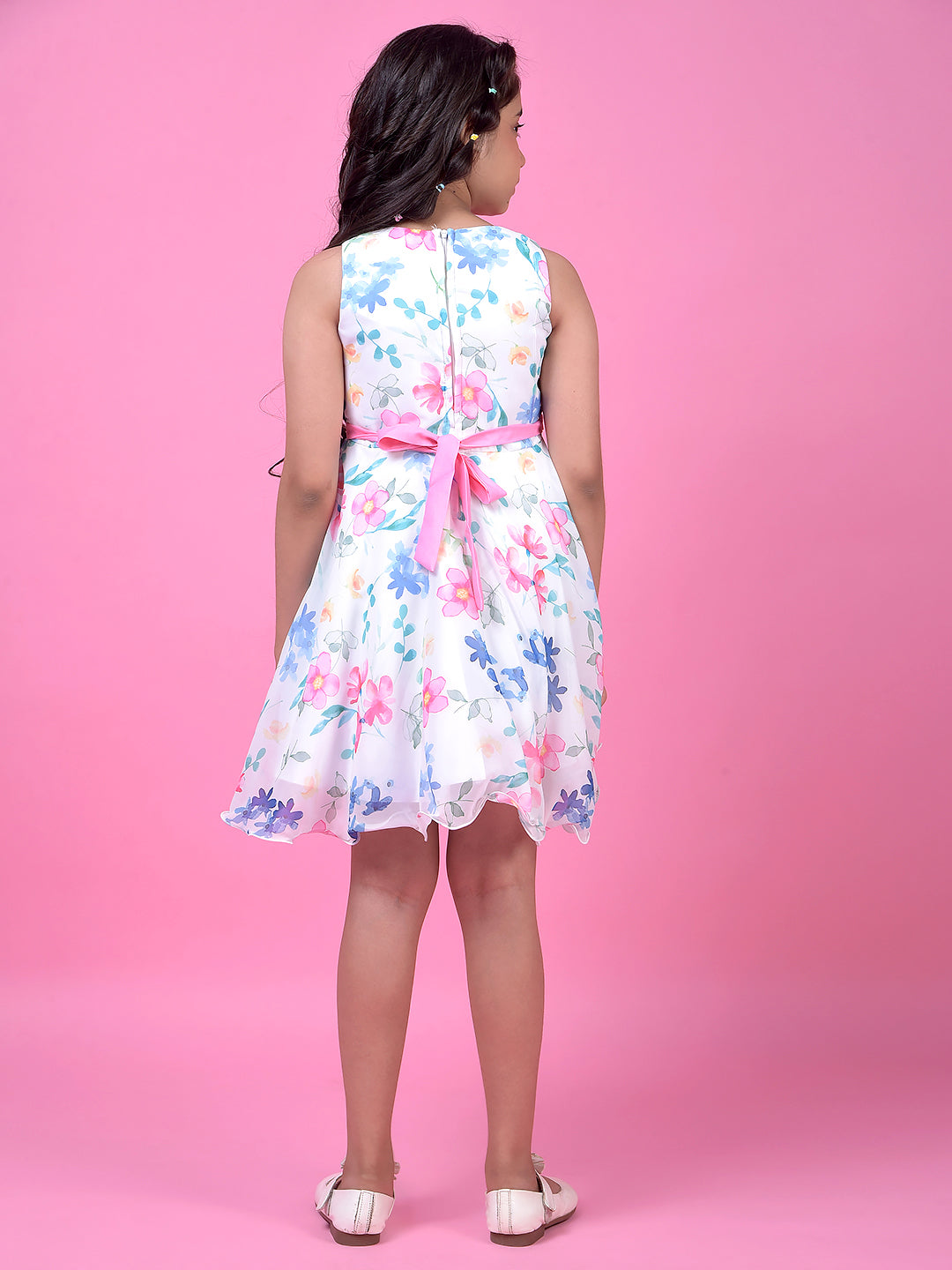 Multi-Color Floral Print Sleeveless A-Line Dress with Belt-Girls Dress-Crimsoune Club