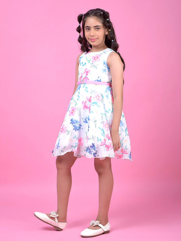 Multi-Color Floral Print Sleeveless A-Line Dress with Belt-Girls Dress-Crimsoune Club