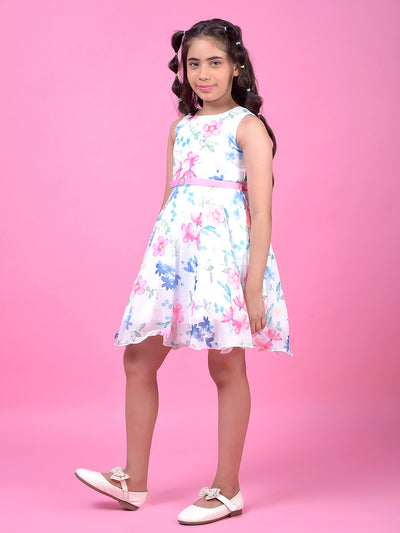 Multi-Color Floral Print Sleeveless A-Line Dress with Belt-Girls Dress-Crimsoune Club