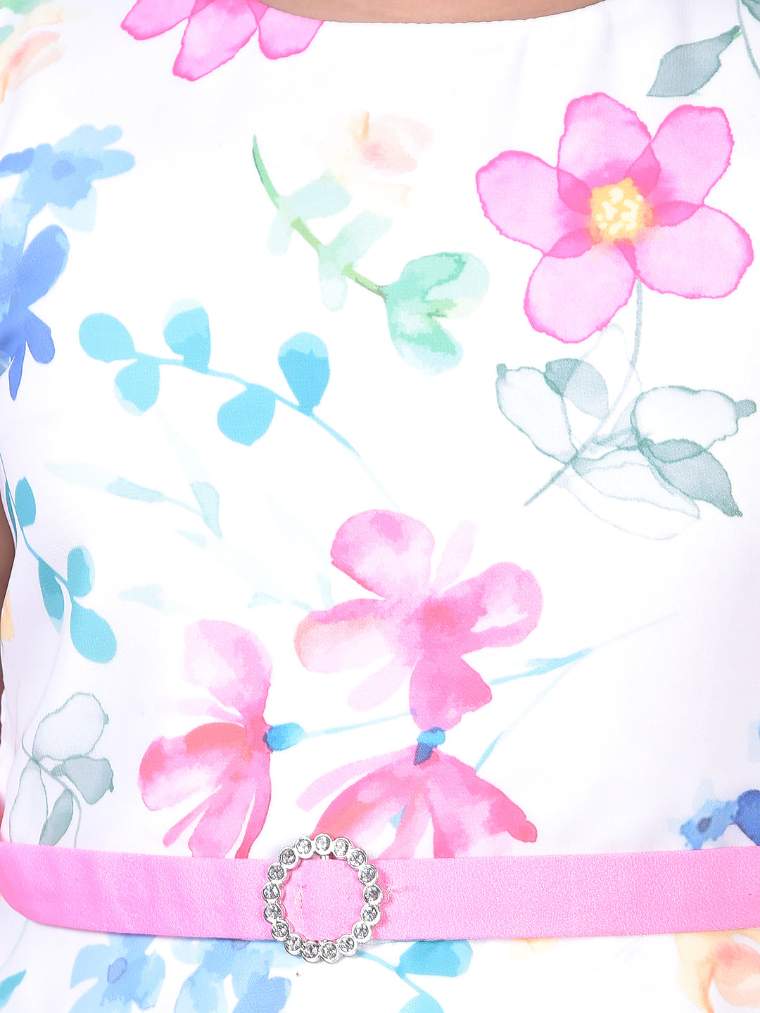 Multi-Color Floral Print Sleeveless A-Line Dress with Belt-Girls Dress-Crimsoune Club