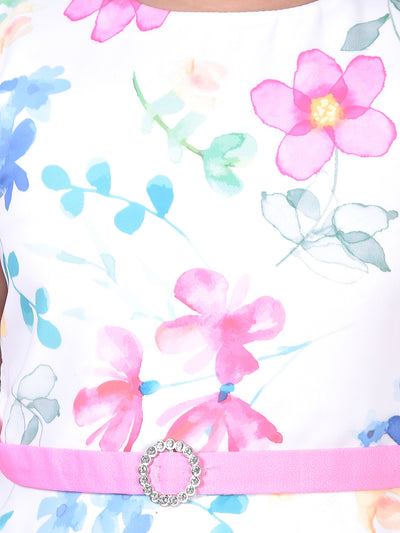 Multi-Color Floral Print Sleeveless A-Line Dress with Belt-Girls Dress-Crimsoune Club