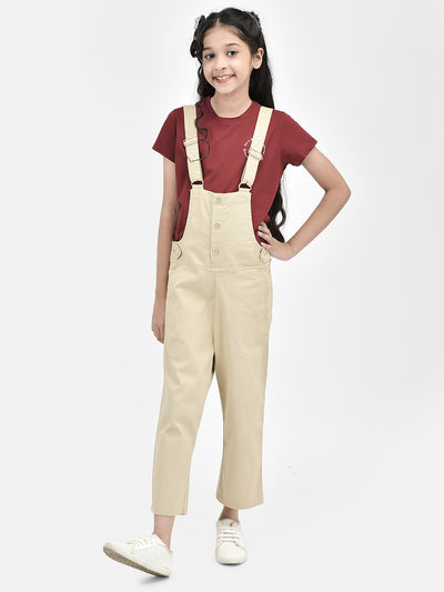 Beige Cotton Dungarees-Girls Dungarees-Crimsoune Club