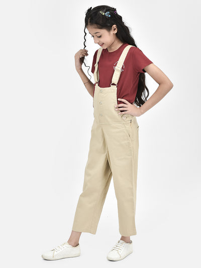 Beige Cotton Dungarees-Girls Dungarees-Crimsoune Club