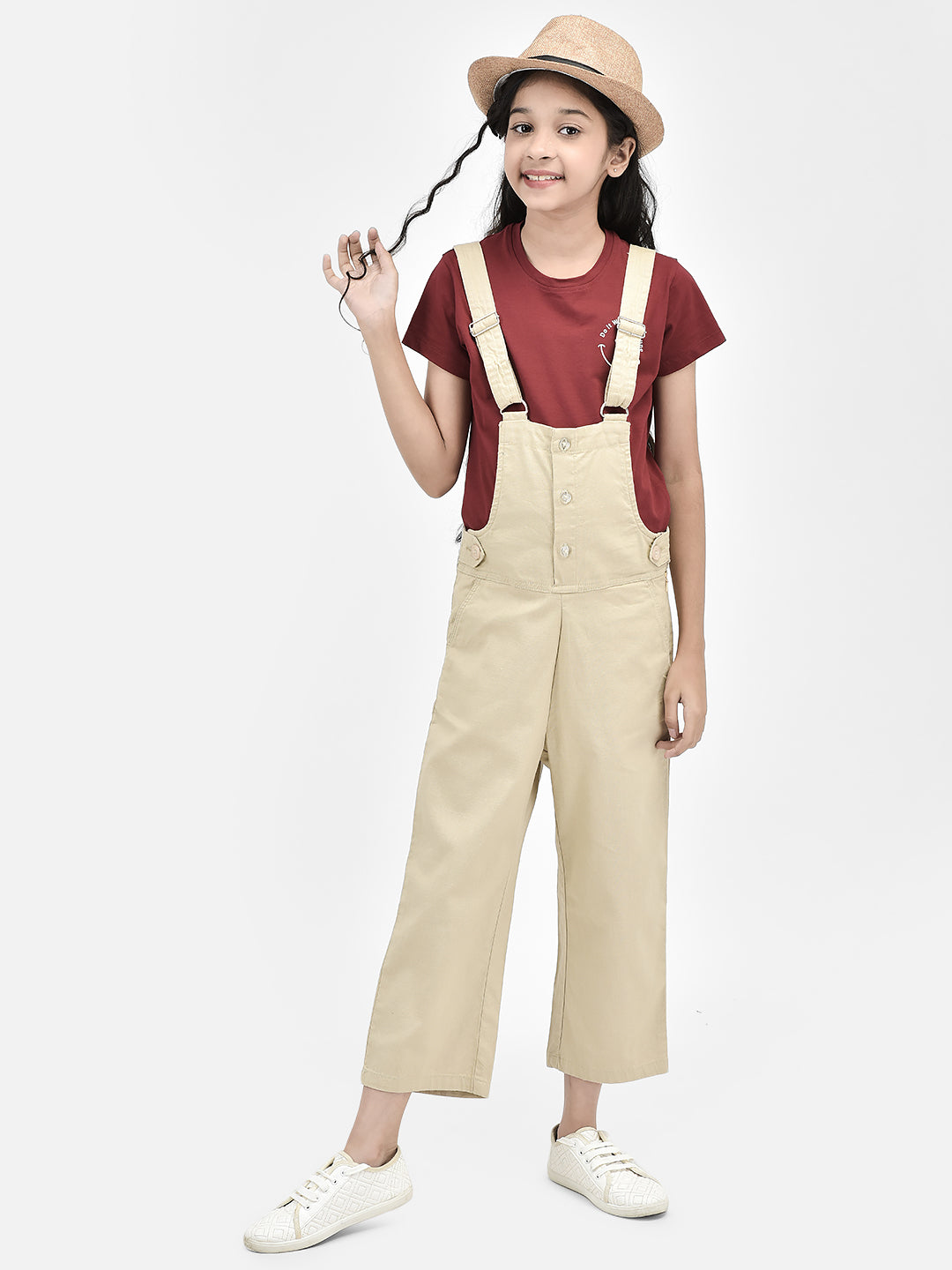 Beige Cotton Dungarees-Girls Dungarees-Crimsoune Club