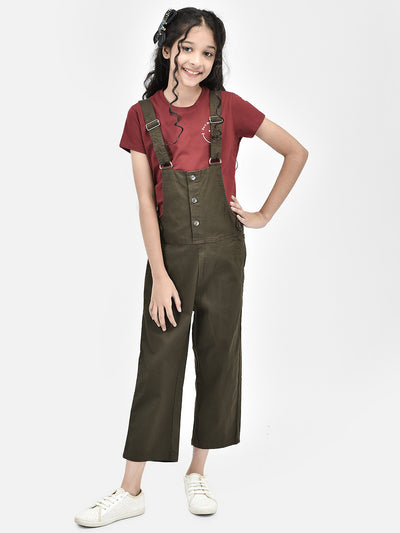 Olive Cotton Dungarees-Girls Dungarees-Crimsoune Club