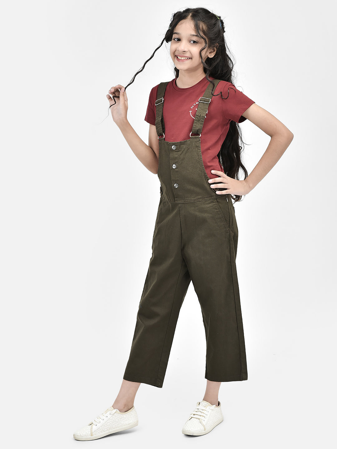 Olive Cotton Dungarees-Girls Dungarees-Crimsoune Club