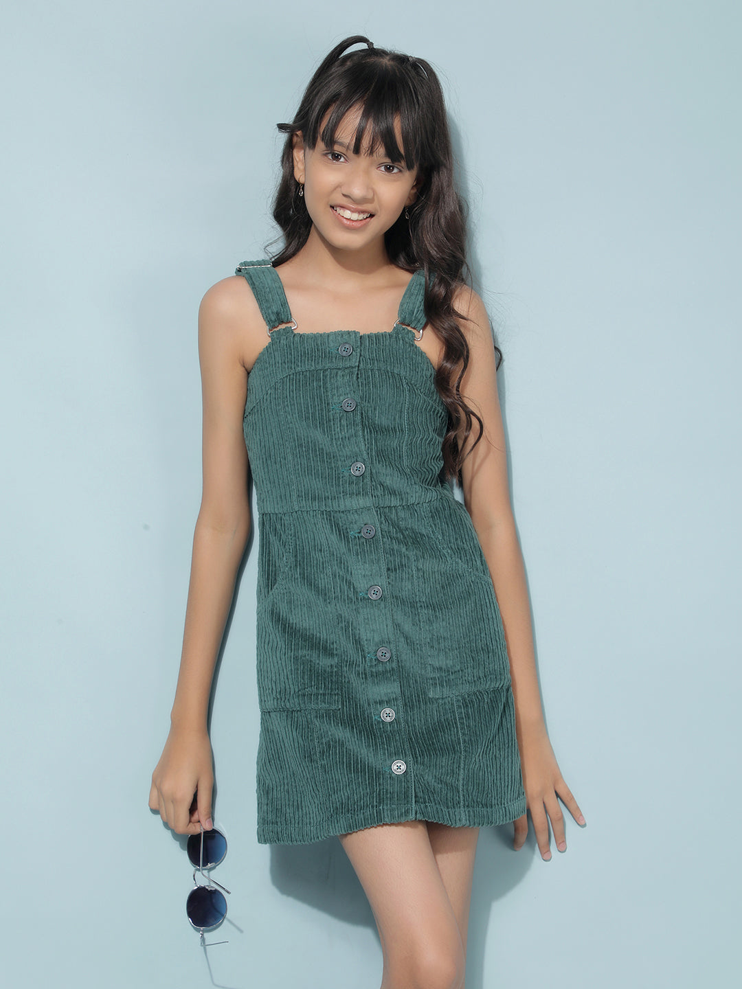 Green Jacquard 100% Cotton Corduroy Pinafore Dress Green Jacquard 100% Cotton Corduroy Pinafore Dress