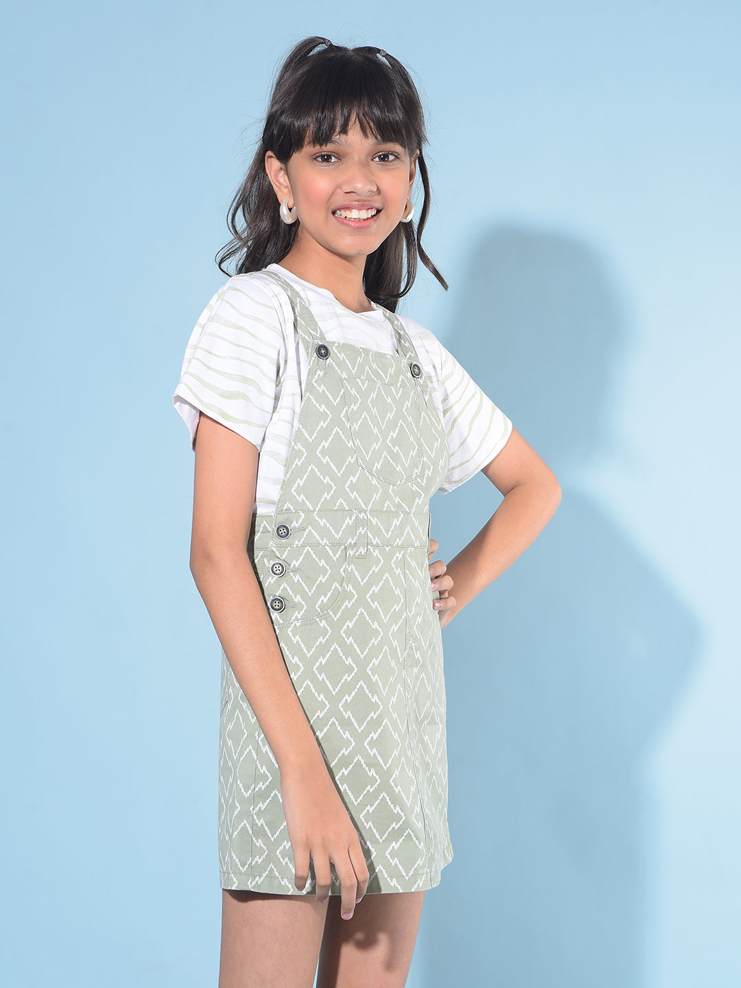 Green Printed Mid Thigh Skirt Dungarees-Girls Dungarees-Crimsoune Club