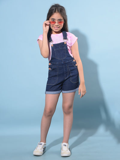 Navy Blue Mid Thigh Cotton Dungarees-Girls Dungarees-Crimsoune Club