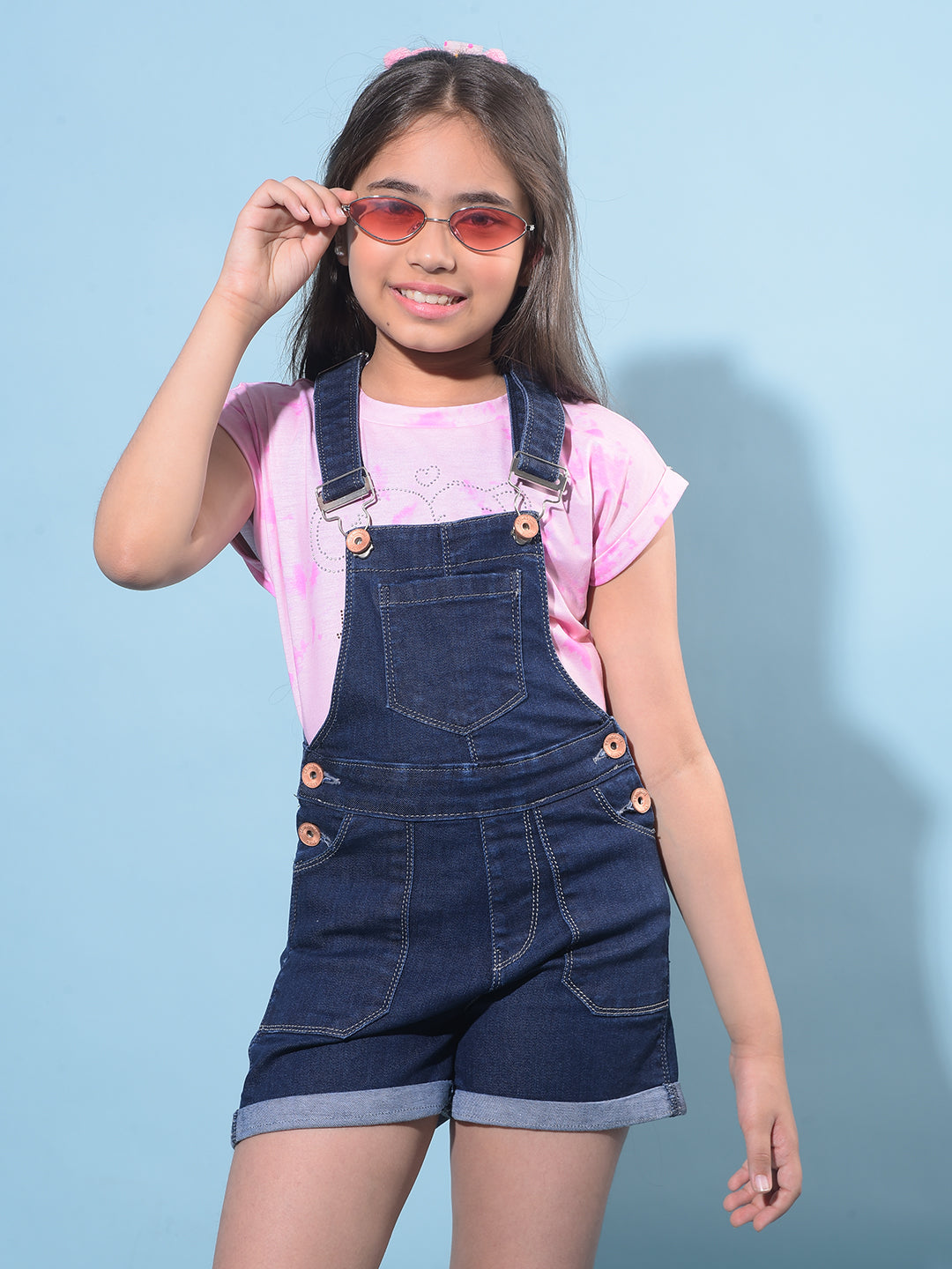 Navy Blue Mid Thigh Cotton Dungarees-Girls Dungarees-Crimsoune Club