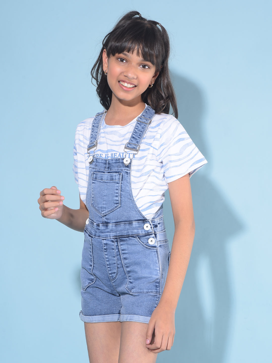 Blue Mid Thigh Dungarees-Girls Dungarees-Crimsoune Club