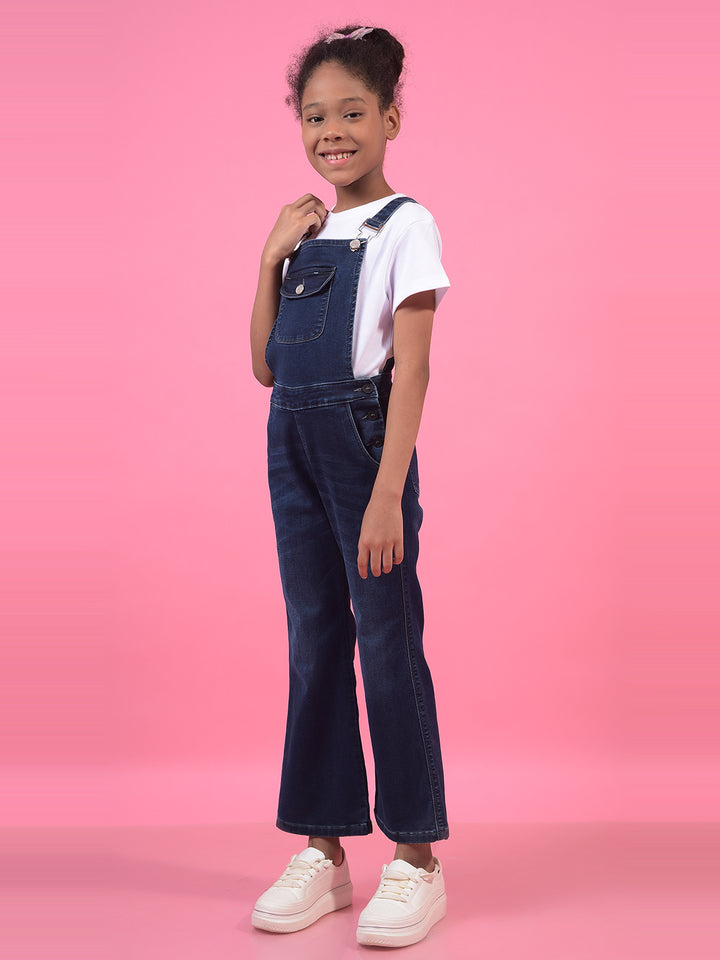 Girl's Blue Bootcut Denim Dungarees-Girls Dungarees-Crimsoune Club