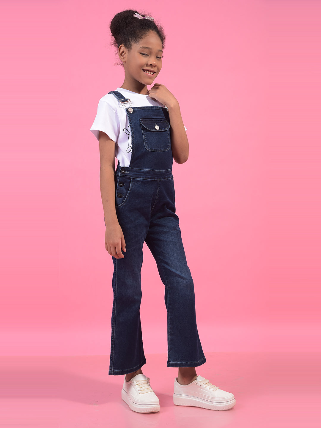 Girl's Blue Bootcut Denim Dungarees-Girls Dungarees-Crimsoune Club