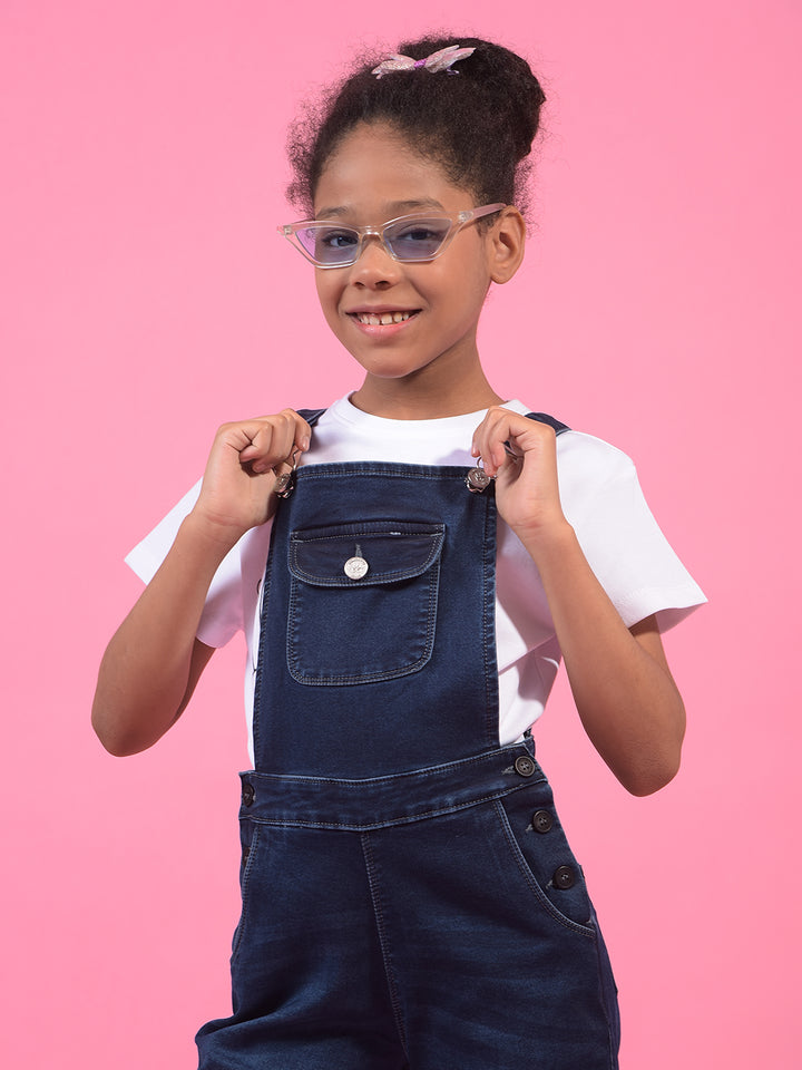 Girl's Blue Bootcut Denim Dungarees-Girls Dungarees-Crimsoune Club