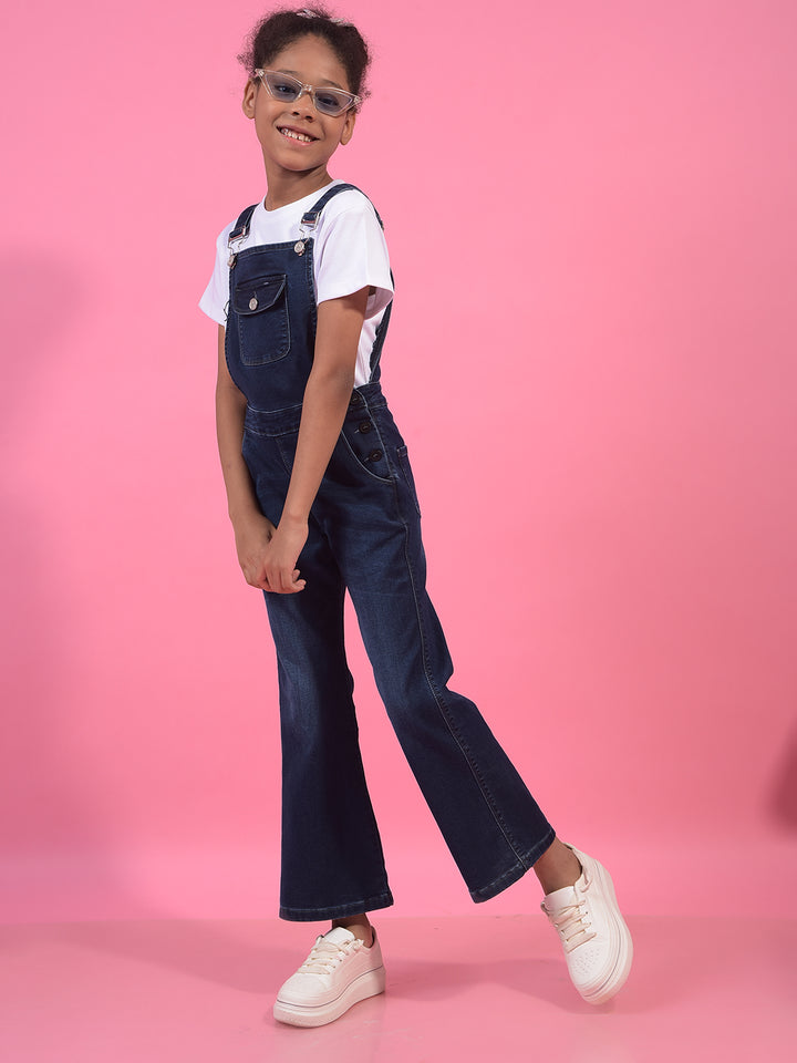Girl's Blue Bootcut Denim Dungarees-Girls Dungarees-Crimsoune Club