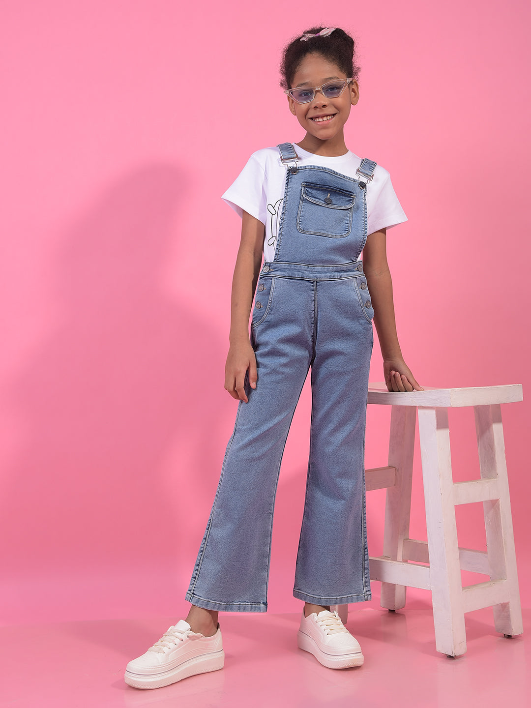 Girl's Blue Bootcut Denim Dungarees-Girls Dungarees-Crimsoune Club