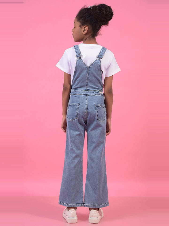 Girl's Blue Bootcut Denim Dungarees-Girls Dungarees-Crimsoune Club