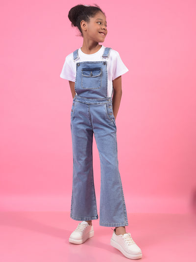 Girl's Blue Bootcut Denim Dungarees-Girls Dungarees-Crimsoune Club