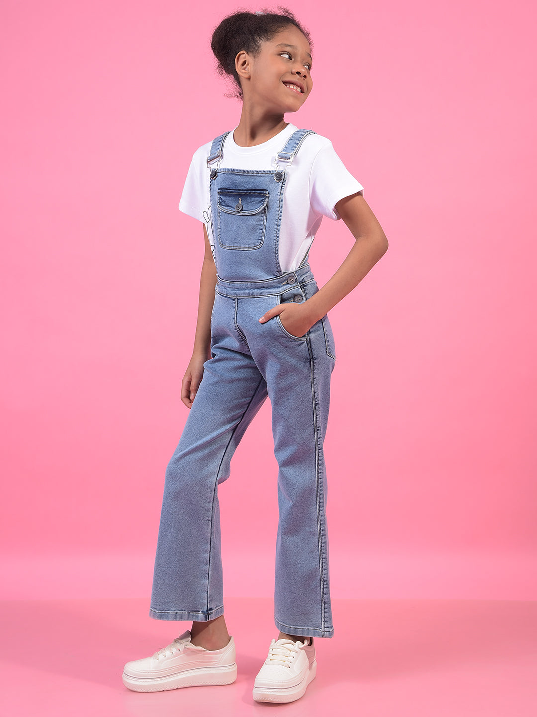 Girl's Blue Bootcut Denim Dungarees-Girls Dungarees-Crimsoune Club