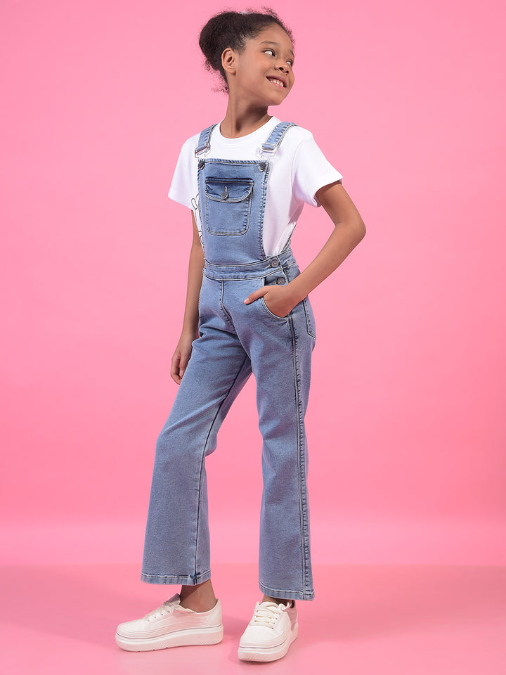 Girl's Blue Bootcut Denim Dungarees-Girls Dungarees-Crimsoune Club