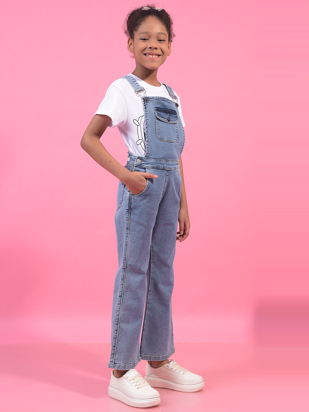 Girl's Blue Bootcut Denim Dungarees-Girls Dungarees-Crimsoune Club