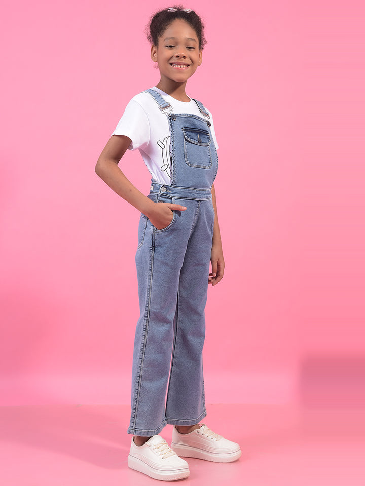 Girl's Blue Bootcut Denim Dungarees-Girls Dungarees-Crimsoune Club