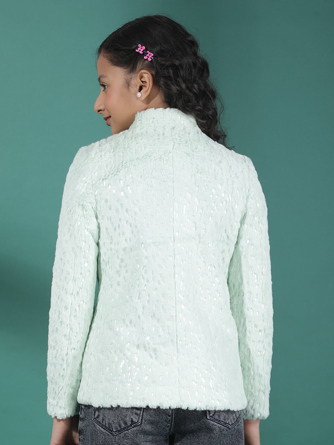 Green Embellished High Neck Fur Coat-Girls Coats-Crimsoune Club