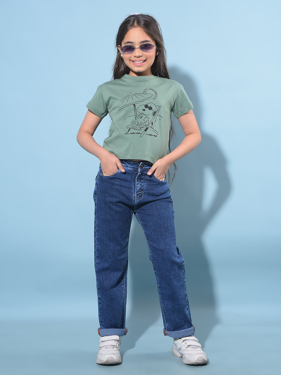 Blue Straight Cotton Jeans-Girls Jeans-Crimsoune Club