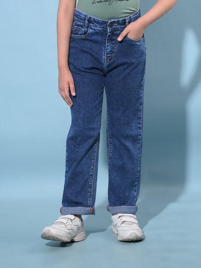 Blue Straight Cotton Jeans-Girls Jeans-Crimsoune Club