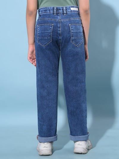 Blue Straight Cotton Jeans-Girls Jeans-Crimsoune Club