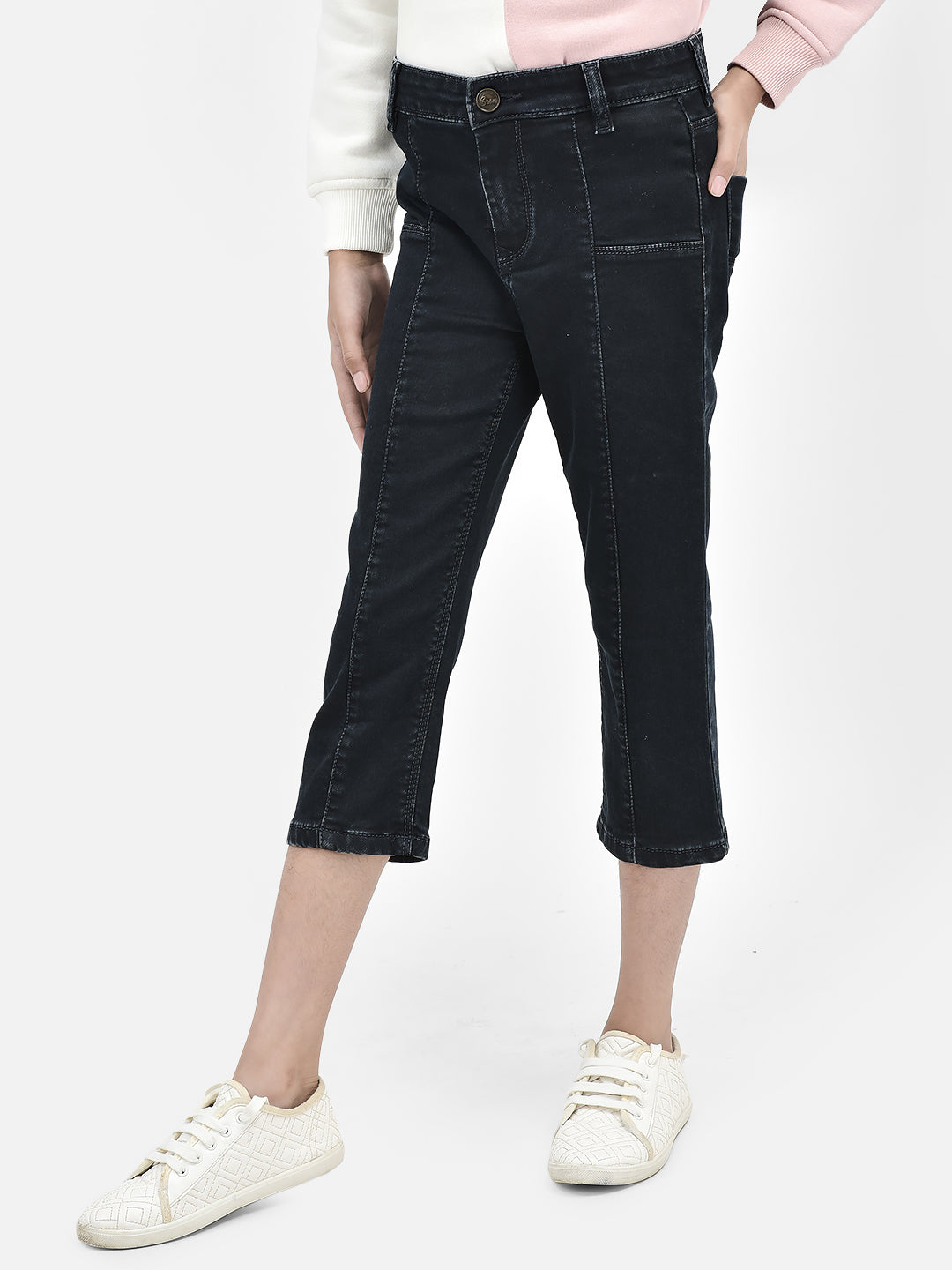 Black Crop Length Jeans-Girls Jeans-Crimsoune Club