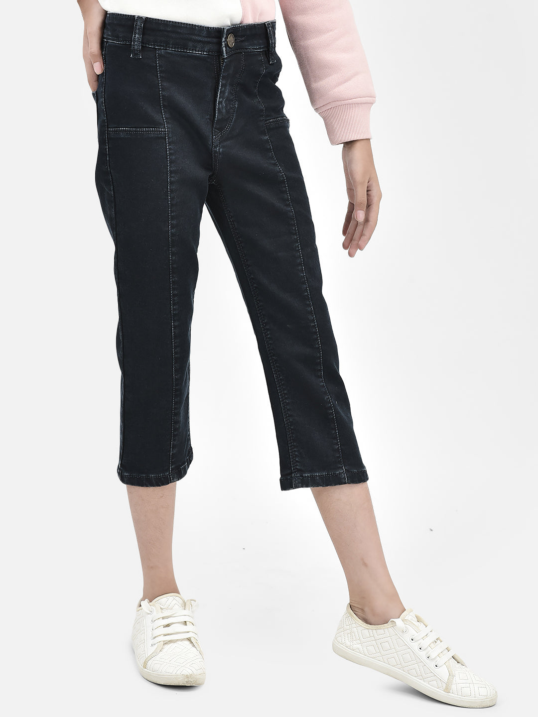 Black Crop Length Jeans-Girls Jeans-Crimsoune Club